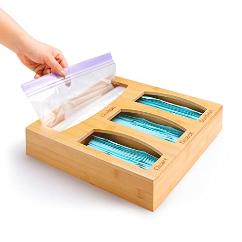 JIAFUEO Ziplock Bag Organizer, Bamboo Ziplock Bag Organizer Dispenser for Kitchen Drawer Retro Durable Closed Sandwich Snack Food Plastic Bag Organizer Holder