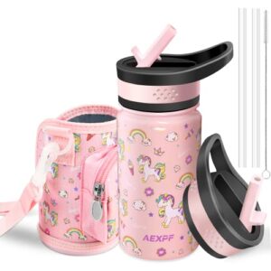 aexpf insulated kids water bottle with sleeve, 14 oz double wall vacuum stainless steel leakproof thermos water bottle with 2 straw lids, portable unicorn pattern kids cup for school travel camping