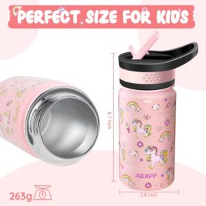 AEXPF Insulated Kids Water Bottle with Sleeve, 14 oz Double Wall Vacuum Stainless Steel Leakproof Thermos Water Bottle with 2 Straw Lids, Portable Unicorn Pattern Kids Cup for School Travel Camping