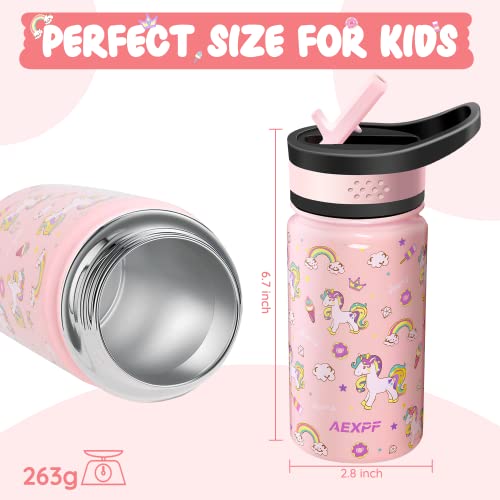 AEXPF Insulated Kids Water Bottle with Sleeve, 14 oz Double Wall Vacuum Stainless Steel Leakproof Thermos Water Bottle with 2 Straw Lids, Portable Unicorn Pattern Kids Cup for School Travel Camping