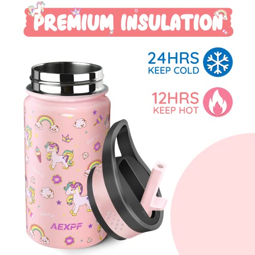 AEXPF Insulated Kids Water Bottle with Sleeve, 14 oz Double Wall Vacuum Stainless Steel Leakproof Thermos Water Bottle with 2 Straw Lids, Portable Unicorn Pattern Kids Cup for School Travel Camping