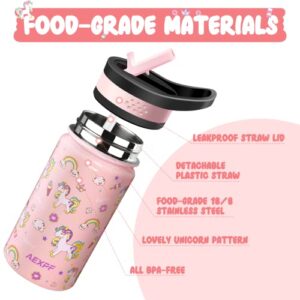 AEXPF Insulated Kids Water Bottle with Sleeve, 14 oz Double Wall Vacuum Stainless Steel Leakproof Thermos Water Bottle with 2 Straw Lids, Portable Unicorn Pattern Kids Cup for School Travel Camping