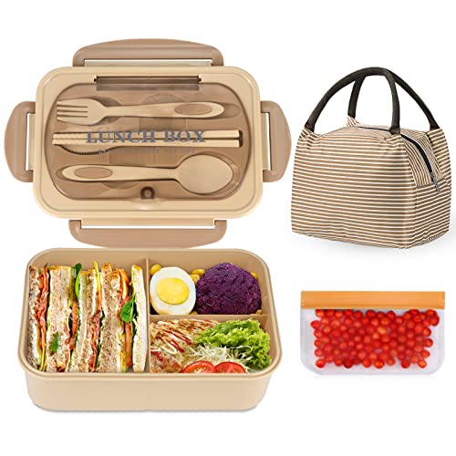 NatraProw Bento Box Adult Lunch Box with Bag, Lunch Containers for Adults, Leakproof Lunch Box for Adult, BPA Free, 3 Compartment Bento Box Microwave safe, Lunch Bag with Containers Included, Khaki