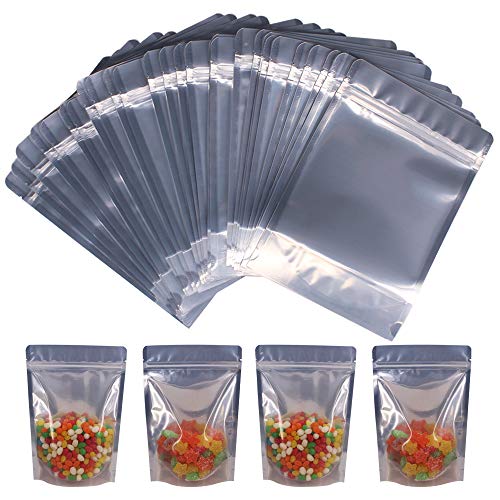 Belinlen 100 Pack 6 x 9 Inch Stand Up Pouch Bags Zipper Mylar Bags Clear Front with Aluminum Foil Back Reusable Food Storage Bags for Multipurpose with Gusset Bottom(5.5mil Thickness)