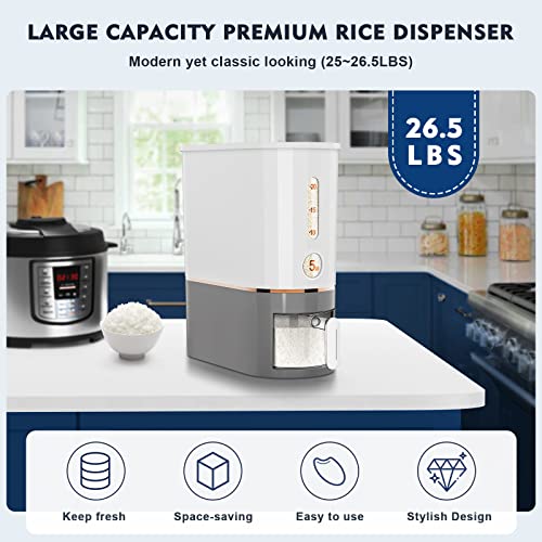 Ubooop 26.5 Lbs Rice Dispenser, Large Dry Food Dispenser with Measuring Cup, for Rice, Beans, Cereals, Perfect for Kitchen Pantry Organization