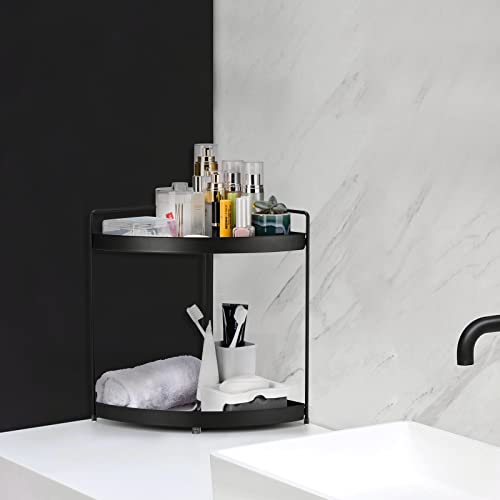 2 Tier Corner Shelf Rack Kitchen Counter Cabinet Bathroom Organizer Makeup Cosmetic countertop Organization and Storage Under Sink Organizers Perfume Trays for Dresser Black