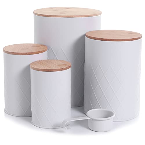 Bienvoun White Metal Canister Sets for Kitchen Counter - Set of 4 Kitchen Storage Containers with Lids, Flour and Sugar Containers, Coffee and Tea Canister, Farmhouse Kitchen Decor