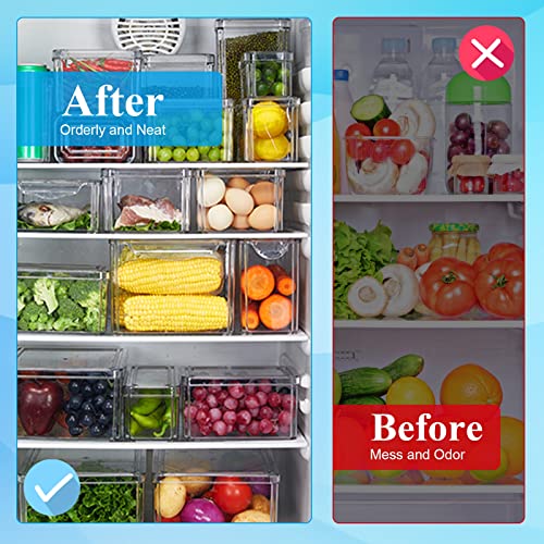 MorTime 10 Pack Refrigerator Organizer Bins with Lids, 3 Sizes Stackable Food Storage Containers Clear Plastic Organizers for Food Fruit Drinks Snacks in Kitchen Fridge Freezers