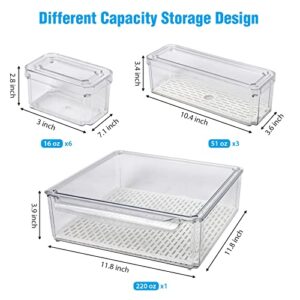 MorTime 10 Pack Refrigerator Organizer Bins with Lids, 3 Sizes Stackable Food Storage Containers Clear Plastic Organizers for Food Fruit Drinks Snacks in Kitchen Fridge Freezers