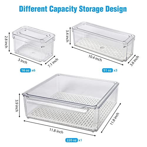 MorTime 10 Pack Refrigerator Organizer Bins with Lids, 3 Sizes Stackable Food Storage Containers Clear Plastic Organizers for Food Fruit Drinks Snacks in Kitchen Fridge Freezers