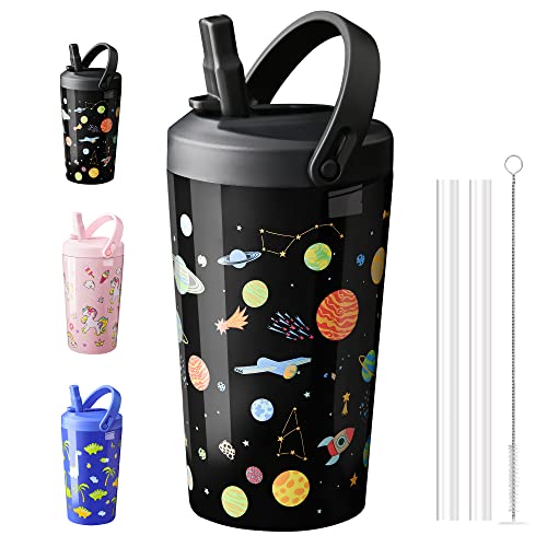 Opreine Tumbler with Lid and Straw for Kids, 14oz Insulated Water Bottle with Straw, Stainless Steel Thermos Water Bottle for Boys Girls, Leak Proof Kids Cup for School Sports, Black Planet