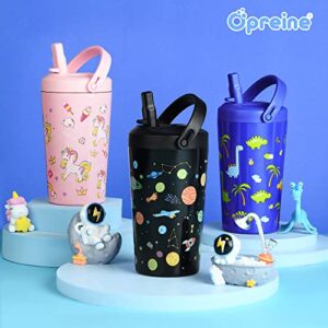 Opreine Tumbler with Lid and Straw for Kids, 14oz Insulated Water Bottle with Straw, Stainless Steel Thermos Water Bottle for Boys Girls, Leak Proof Kids Cup for School Sports, Black Planet