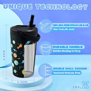 Opreine Tumbler with Lid and Straw for Kids, 14oz Insulated Water Bottle with Straw, Stainless Steel Thermos Water Bottle for Boys Girls, Leak Proof Kids Cup for School Sports, Black Planet