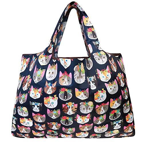 allydrew Large Foldable Tote Nylon Reusable Grocery Bag, Crazy Cats