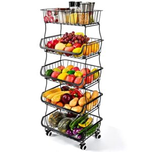 fruit vegetable storage basket, 5 tier stackable metal wire storage baskets with wheels, fruit vegetable produce basket organizer bins for kitchen, pantry, bathroom