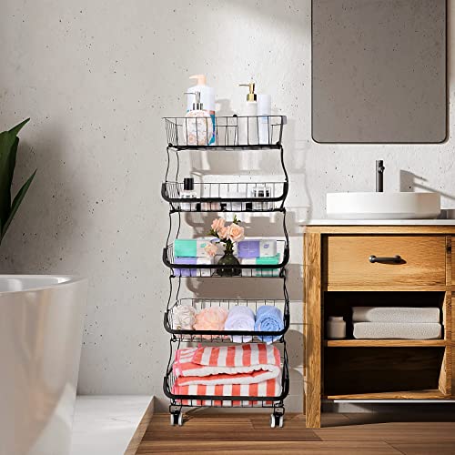 Fruit Vegetable Storage Basket, 5 Tier Stackable Metal Wire Storage Baskets with Wheels, Fruit Vegetable Produce Basket Organizer Bins for Kitchen, Pantry, Bathroom