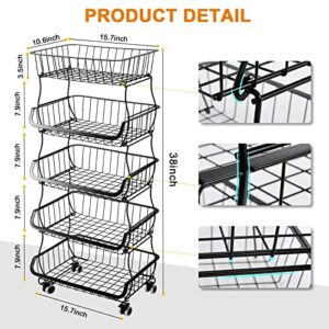 Fruit Vegetable Storage Basket, 5 Tier Stackable Metal Wire Storage Baskets with Wheels, Fruit Vegetable Produce Basket Organizer Bins for Kitchen, Pantry, Bathroom