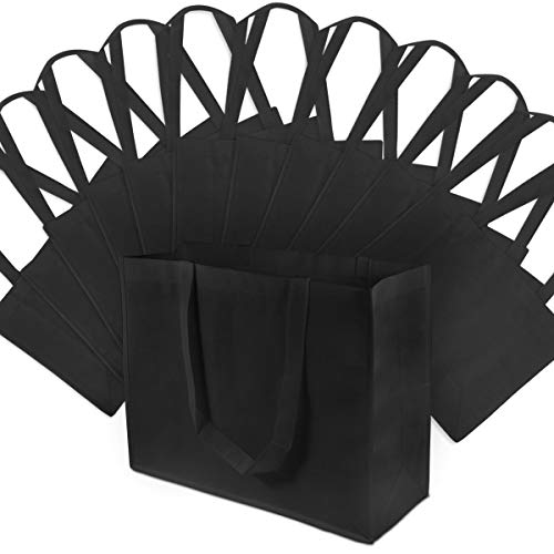 Large Tote Bags - 12 Pack Large Black Reusable Gift Bags, Shopping Bags with Handles in Bulk, Grocery Bags, Durable Fabric Tote Bags, Merchandise Bags, Foldable, Strong and Eco Friendly - 16x6x12