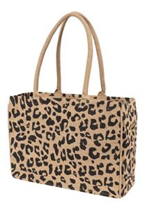 kaf home jute market tote bag with leopard print, durable handle, reinforced bottom and interior zipper pocket, generous capacity, 12.5″ tall x 17″ wide x 7″ deep