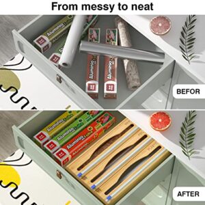 Foil and Plastic Wrap Organizer , 3 in 1 Plastic Wrap Dispenser with Cutter for Kitchen Drawer , Bamboo Roll Organizer Holder for Aluminum Foil and Wax Paper , Compatible with 12" Roll (Bamboo)