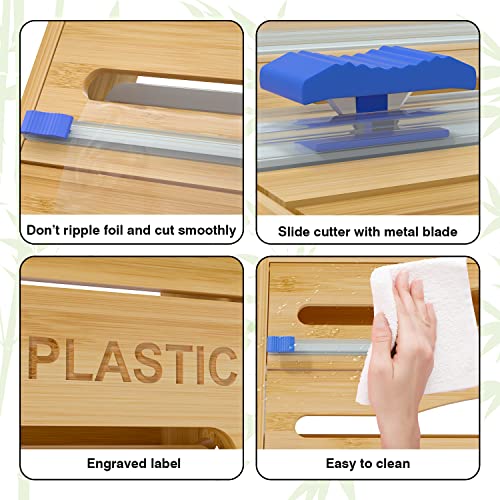 Foil and Plastic Wrap Organizer , 3 in 1 Plastic Wrap Dispenser with Cutter for Kitchen Drawer , Bamboo Roll Organizer Holder for Aluminum Foil and Wax Paper , Compatible with 12" Roll (Bamboo)