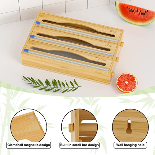 Foil and Plastic Wrap Organizer , 3 in 1 Plastic Wrap Dispenser with Cutter for Kitchen Drawer , Bamboo Roll Organizer Holder for Aluminum Foil and Wax Paper , Compatible with 12" Roll (Bamboo)