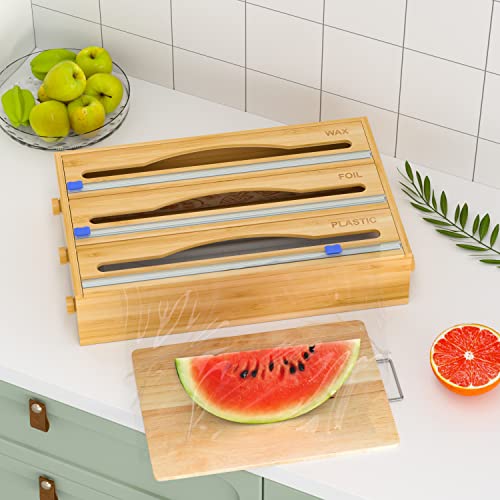 Foil and Plastic Wrap Organizer , 3 in 1 Plastic Wrap Dispenser with Cutter for Kitchen Drawer , Bamboo Roll Organizer Holder for Aluminum Foil and Wax Paper , Compatible with 12" Roll (Bamboo)