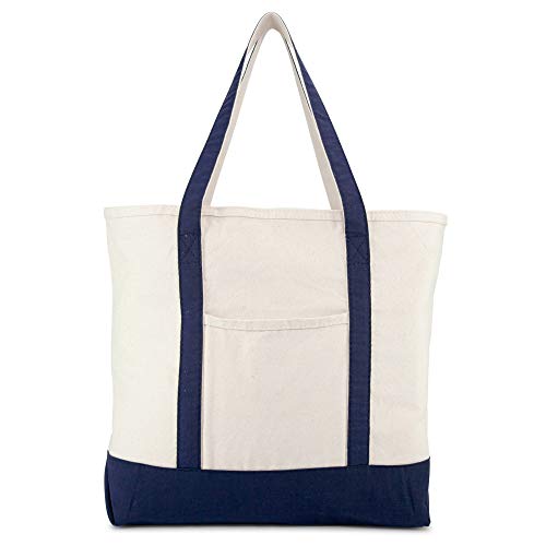 DALIX 22" Large Cotton Canvas Zippered Shopping Tote Grocery Bag in Navy Blue