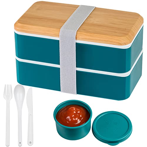 PARACITY Bento Box for Adults/Kids, Stackable Japanese Bento Lunch Box, Large Capacity Dishwasher Safe Lunch Container with PC Lid, Includes Sauce Cup, 2*Divider, Cutlery, Food-Safe