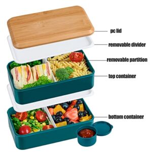 PARACITY Bento Box for Adults/Kids, Stackable Japanese Bento Lunch Box, Large Capacity Dishwasher Safe Lunch Container with PC Lid, Includes Sauce Cup, 2*Divider, Cutlery, Food-Safe