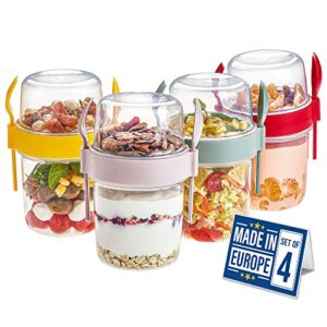crystalia yogurt parfait cups with lids, large breakfast on the go plastic bowls with topping cereal oatmeal salad or fruit container with spoon for snack box, reusable set of 4 (large 22 oz)
