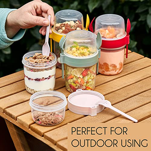Crystalia Yogurt Parfait Cups with Lids, Large Breakfast On the Go Plastic Bowls with Topping Cereal Oatmeal Salad or Fruit Container with Spoon for Snack Box, Reusable Set of 4 (Large 22 oz)