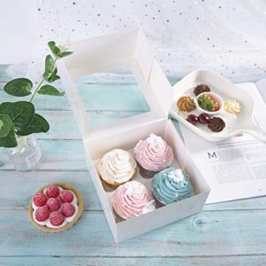 [15pcs]White Paper Cupcake Boxes,Valentines Day Cookie Gift Boxes with Clear Window, Auto-Popup Cupcake Containers Carriers Bakery Cake Box with Insert 4 Cavity (White,15)