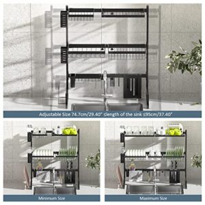 TOOLF Over The Sink Dish Dying Rack, Adjustable Length(29.4"-37.4") Height, 3 Tier Large Capacity Dish Rack, Sink Organize Stand Shelf, Kitchen Counter Supplies Storage for Plates Bowls Pots, Black