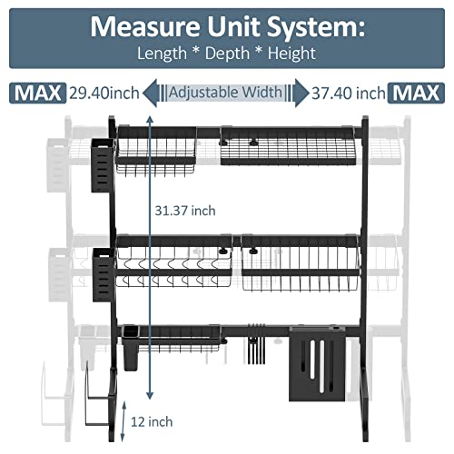 TOOLF Over The Sink Dish Dying Rack, Adjustable Length(29.4"-37.4") Height, 3 Tier Large Capacity Dish Rack, Sink Organize Stand Shelf, Kitchen Counter Supplies Storage for Plates Bowls Pots, Black