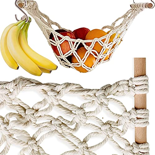 Fruit Hammock - Hanging Fruit Basket - Produce and Veggie Storage for Kitchen Under Cabinet - Banana Hook - Macrame Boho Modern (Natural)