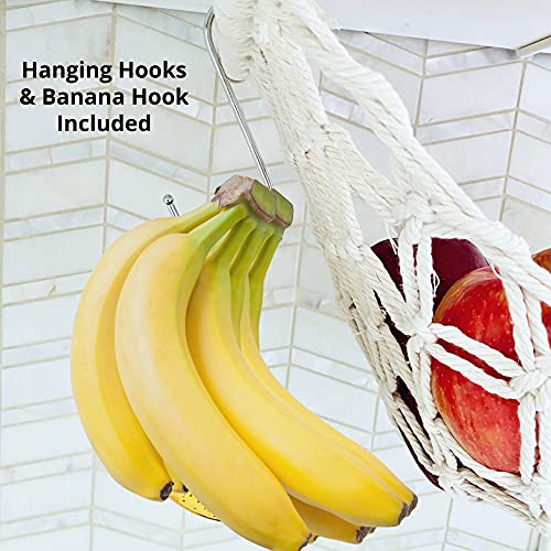 Fruit Hammock - Hanging Fruit Basket - Produce and Veggie Storage for Kitchen Under Cabinet - Banana Hook - Macrame Boho Modern (Natural)