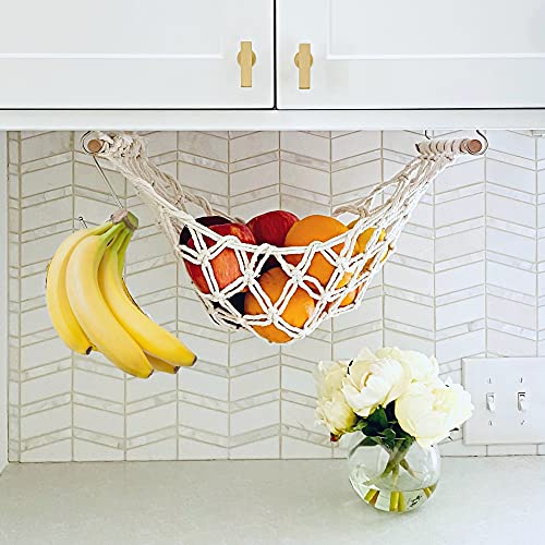 Fruit Hammock - Hanging Fruit Basket - Produce and Veggie Storage for Kitchen Under Cabinet - Banana Hook - Macrame Boho Modern (Natural)