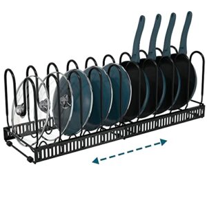 socont expandable pot organizer rack, black pans and pots lid organizer rack holder with 10 adjustable compartments,length adjustable and max extended to 23 inches 10+ pans holder for kitchen