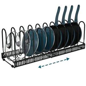 SOCONT Expandable Pot Organizer Rack, Black Pans and Pots Lid Organizer Rack Holder with 10 Adjustable Compartments,Length Adjustable and max Extended to 23 inches 10+ Pans Holder for Kitchen