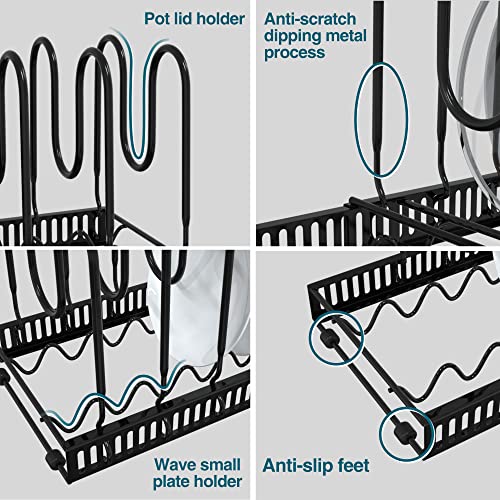 SOCONT Expandable Pot Organizer Rack, Black Pans and Pots Lid Organizer Rack Holder with 10 Adjustable Compartments,Length Adjustable and max Extended to 23 inches 10+ Pans Holder for Kitchen