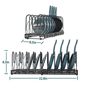 SOCONT Expandable Pot Organizer Rack, Black Pans and Pots Lid Organizer Rack Holder with 10 Adjustable Compartments,Length Adjustable and max Extended to 23 inches 10+ Pans Holder for Kitchen