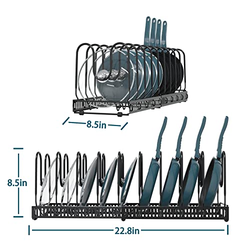 SOCONT Expandable Pot Organizer Rack, Black Pans and Pots Lid Organizer Rack Holder with 10 Adjustable Compartments,Length Adjustable and max Extended to 23 inches 10+ Pans Holder for Kitchen