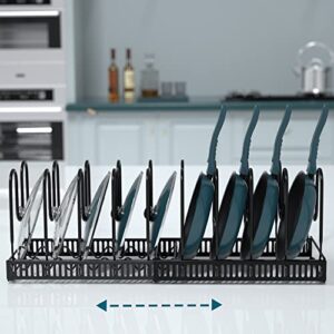 SOCONT Expandable Pot Organizer Rack, Black Pans and Pots Lid Organizer Rack Holder with 10 Adjustable Compartments,Length Adjustable and max Extended to 23 inches 10+ Pans Holder for Kitchen