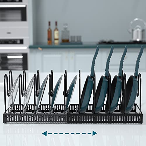 SOCONT Expandable Pot Organizer Rack, Black Pans and Pots Lid Organizer Rack Holder with 10 Adjustable Compartments,Length Adjustable and max Extended to 23 inches 10+ Pans Holder for Kitchen