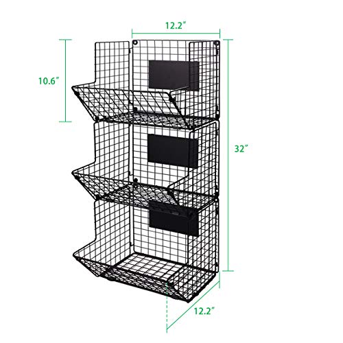 X-cosrack Metal Wire Basket Wall Mount, 3 Tier Wall Storage Basket Organizer with Hanging Hooks Chalkboards, Rustic Kitchen Fruit Produce Bin Rack Bathroom Tower Baskets (Black)