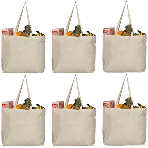 Greenmile 6 Pack Canvas Reusable Grocery Bags - Cotton Canvas Grocery Bag Cloth Shopping Tote With Long Handles Bulk - Heavy Duty Grocery Tote Bag - Large, Foldable and Lightweight - Capacity 40 lbs