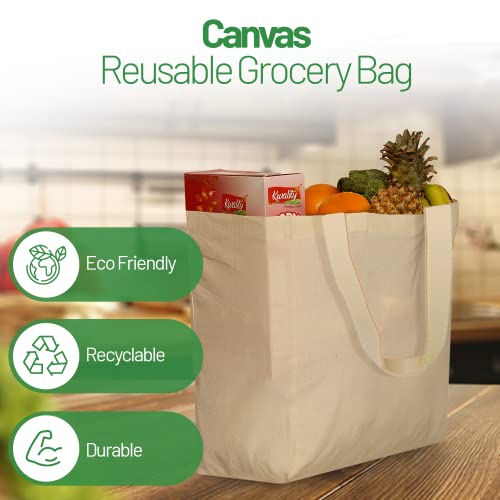 Greenmile 6 Pack Canvas Reusable Grocery Bags - Cotton Canvas Grocery Bag Cloth Shopping Tote With Long Handles Bulk - Heavy Duty Grocery Tote Bag - Large, Foldable and Lightweight - Capacity 40 lbs