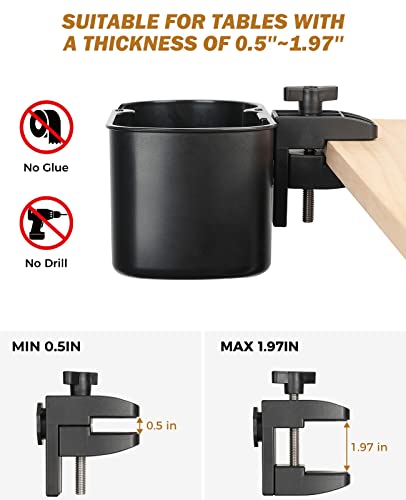 yamagahome Desk Cup Holder Clamp with Hanging Storage Bag, 2 in 1 Table Cup Holder Clip for Desk, Anti-Spill Tableside Cup Holder with Hanging Organizer for Home Office, College Dorm Rooms, RV