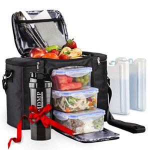 meal prep lunch bag / box for men, women + 3 large food containers (45 oz.) + 2 big reusable ice packs + shoulder strap + shaker with storage. insulated lunchbox cooler portion control set (black)